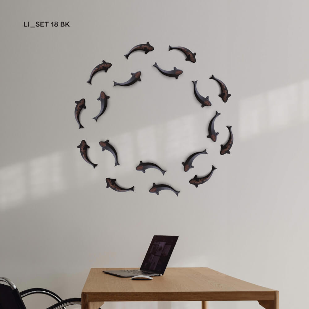 ปลาคาร์ปตกแต่งผนังเสริมมงคลขึ้นชิ้นงาน 3 มิติไม้บีชจริง Pana Objects รุ่น Li: SET 18 All Black Koi wall decoration size 4.3 x 26 x 2.2 ซม